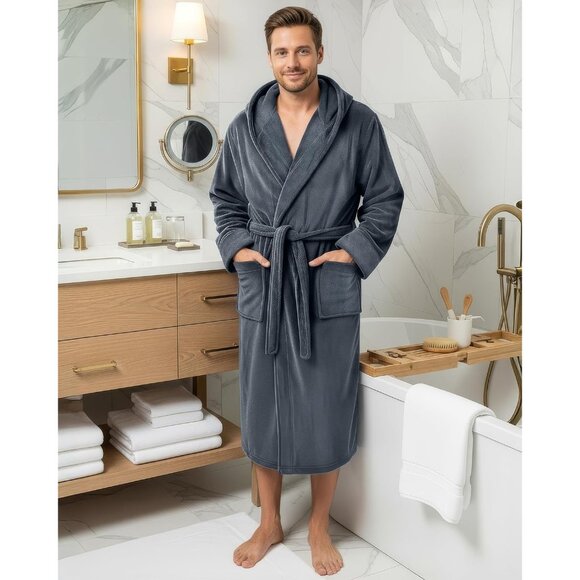 Mens Robe with Hood Luxury Plush Fleece Hooded Bathrobe Spa Bath Robe for Men - Picture 2 of 7